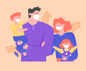 Family in protective medical masks. Dad, mom, son and daughter together do not spread the viral infection. Health and responsible behavior during a pandemic and quarantine. Vector flat illustration.