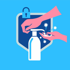 Hand sanitizer bottle isolated with pump on shield background