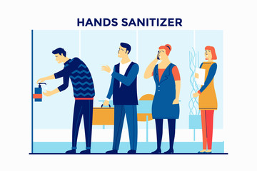 People use hands sanitizer at office building to coronavirus prevention