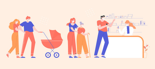 Group of people standing in line for medicines in a pharmacy. Young parents with a stroller, a girl with a grandmother, a guy with a phone. Characters in medical masks. Vector flat illustration.