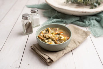 Fresh green sorrel soup, Russian special egg drop soup with vegetables, healthy soup