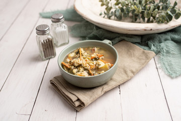Fresh green sorrel soup, Russian special egg drop soup with vegetables, healthy soup