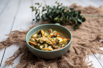 Fresh green sorrel soup, Russian special egg drop soup with vegetables, healthy soup
