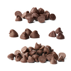 Set of delicious chocolate chips on white background
