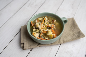 Fresh green sorrel soup, Russian special egg drop soup with vegetables, healthy soup