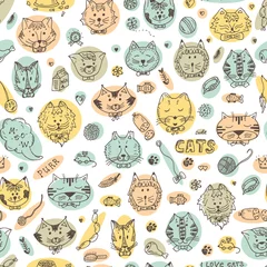 Foto op Aluminium Cats Vector Seamless pattern. Hand Drawn Doodles Cats and accessories for pets. © AllNikArt