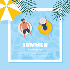 Summer in modern style, a man and a woman are resting on a donut in the pool in the villa. Top view, summer holiday with umbrellas, palm leaves. Banner, poster, poster, invitation to a party.