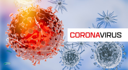 Corona virus. Covid-19 virus cells or bacteria molecule. Flu, view of a virus under a microscope, infectious disease. Germs, bacteria, cell infected organism. Virus H1N1, Swine Flu. 3d Rendering.