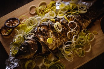 food carp fish meal roasted. grilled.