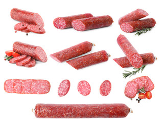 Set of tasty sausage on white background