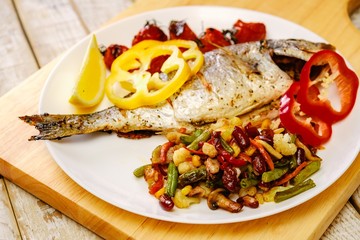 Food fish fresh dorado, meal seafood dinner, tasty.