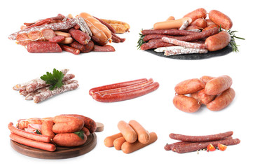 Set with different tasty sausages on white background