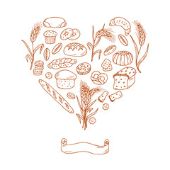 Bakery. Bread Baking Vector Set in Heart shaped. Hand drawn Doodles illustration