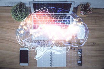 Multi exposure of brain sketch hologram over topview work table background with computer. Concept...
