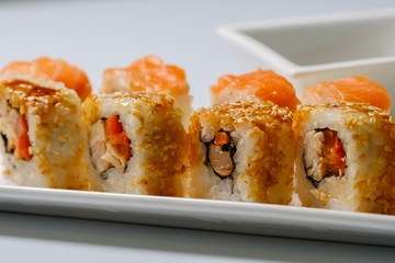 Japanese sushi seafood roll restaurant, background cuisine.