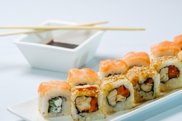 Japanese sushi seafood roll restaurant, delicious lunch.