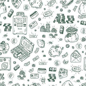 Financial and Business symbols. Hand drawn Doodles Money - Vector Seamless pattern
