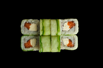 Japanese food: Set of salmon sushi and rolls with salmon and eel