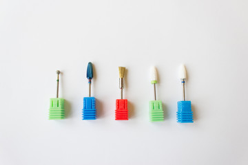 Nail Care Concept. Cutters for hardware manicure and pedicure. Accessories and manicure nail tool....