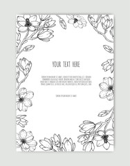 Hand Drawn Botanical Illustrations. Hand Drawn Floristic Template, Frame with Delicate Flowers, Branches, Plants.