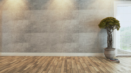 living room with plant, concrete wall