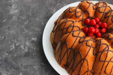 Homemade cake with berries and chocolate icing. Very sweet cake. Dessert concept