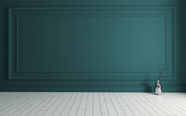 Empty room with Modern classic dark green wall panels and white wooden floor - obrazy, fototapety, plakaty