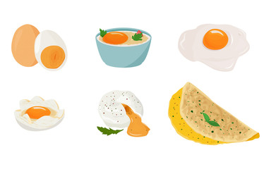 Egg cooking in different ways. Set of meal preparing illustrations.