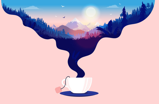 Morning tea - Cup of tea with steam forming a beautiful landscape with sunrise. A great way to start the day, and tea break concept. Vector illustration.