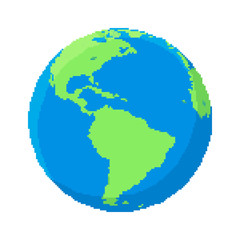 Fototapeta na wymiar Vector planet Earth icon. Pixel art 8 bit. Flat planet Earth icon in space. 