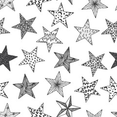 Stars - Vector Black and white Seamless pattern. Stars with different patterns. Hand drawn doodle Stars.