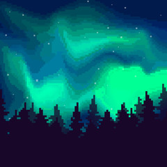 Pixel art night sky, Aurora Borealis, Northern Lights Effect. Pixel background 8 bit.