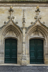 Fragment of Bordeaux Cailhau gate (Porte Cailhau, 1494) - medieval gate at Place du Palais. Gate built in Gothic Style and celebrates victory at Fornovo. Bordeaux, Gironde, Aquitaine, France.