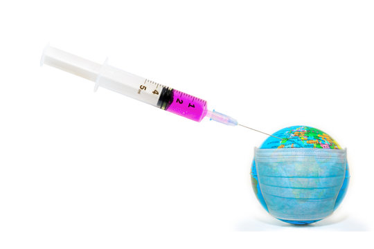 Image of a syringe with vaccine and face mask on a sick world globe isolated on white background. Epidemic flu and pandemic emergency worldwide for COVID-19. Concept of cure for SARS-CoV-2 coronavirus