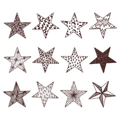 Vector Set of Stars. Stars with different patterns. Stars icons. Hand drawn doodle Stars.