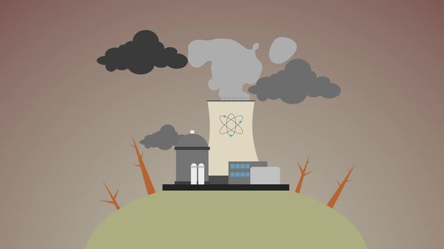 An animated 2D nuclear power station that pollutes the atmosphere stands on empty land among trees without leaves. Ecological disaster on Earth. The animation unfolds and folds back.  Earth Day