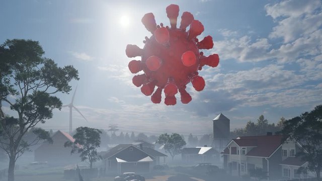 Corona virus (covid-19) swirls in the sky above houses, stay at home. 3d illustration
