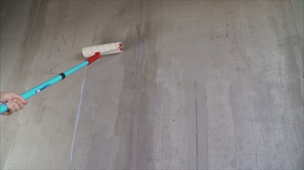 Paint the bare wall with a paint roller. Hand painted by roller. Primer Wall Roller