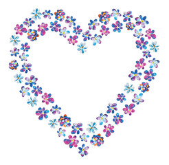 Spring blue pink purple watercolor painted paper-cut flowers romantic Valentine's day border heart frame ring illustration. For poster, greeting or business card. With free blank copy space for text