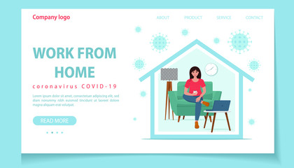 Home office, woman working from home. Work from home landing page template. Female freelancer use laptop. Online job. Vector illustration in flat style