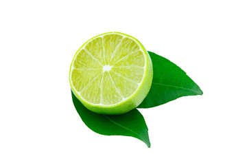 Lime with slices half and leaves isolated on white background. Green citrus fruit. with clipping path