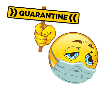 Emoji yellow ball. Sad smiley with a coronavirus quarantine sign. Stay at home, stay alive. Warning of the danger of infection. Illustration, vector