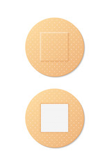 Vector set of round medical bandage images. adhesive patches with without wrapper on adhezive side. First aid for skin damage. Defferent plasters isolated on white.