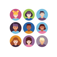 Kids faces. Child expression faces little boys and girls cartoon avatars vector collection. Girl and boy avatar, young teenager female and male illustration