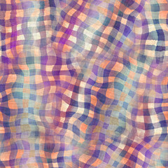 Seamless purple and peach ombre fade painterly watercolor wash grungy wavy distorted gingham pattern graphic design. Seamless repeat raster jpg pattern swatch.