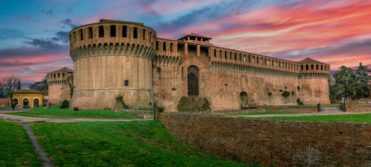 Imola castle in Central Italy with covered merlons  (the solid upright section of a battlement (a crenellated parapet) in medieval architecture or fortifications)