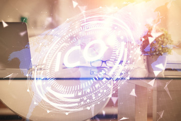 Double exposure of crypto technology theme drawing and office interior background. Concept of...