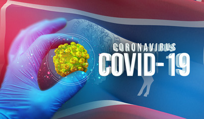 Coronavirus COVID-19 outbreak concept, background with flags of the states of USA. State of Wyoming flag. Pandemic stop Novel Coronavirus outbreak covid-19 3D illustration.