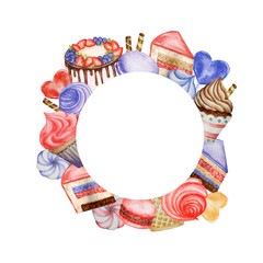 Watercolor Sweet deserts frame. Border with Cream, waffle, cake, cupcake, berries. Hand drawn delicious food illustration for menu, bakery logo, cards, poster, baner, design concept with copy space