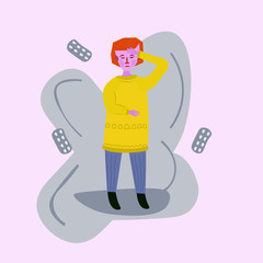 illustration of a cute european girl with red hair with high fever